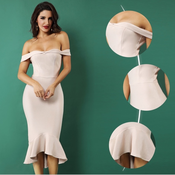 Bandage Off Shoulder Midi Mermaid Dress Blush Nude - Picture 4 of 9
